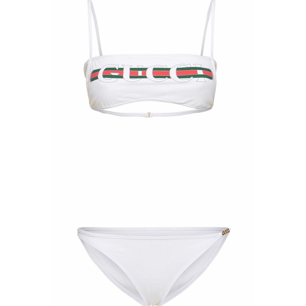Gucci White Sparkling Jersey Web Logo Two Piece Bikini Set Small